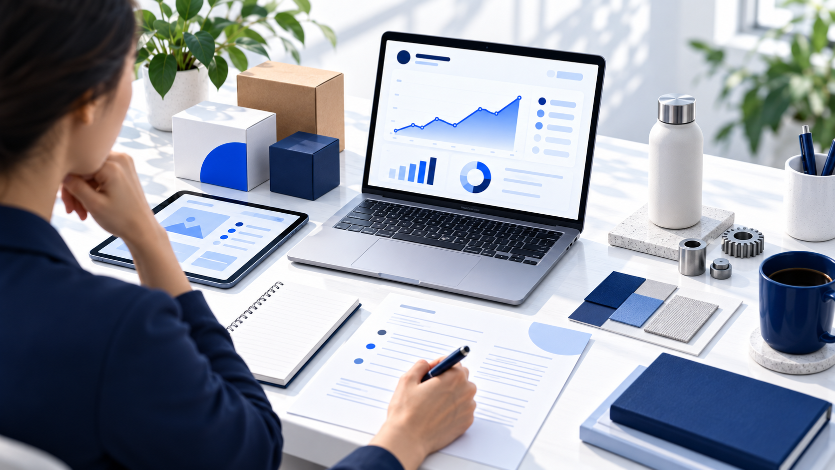 A business planning workspace with laptop, charts, and product samples.