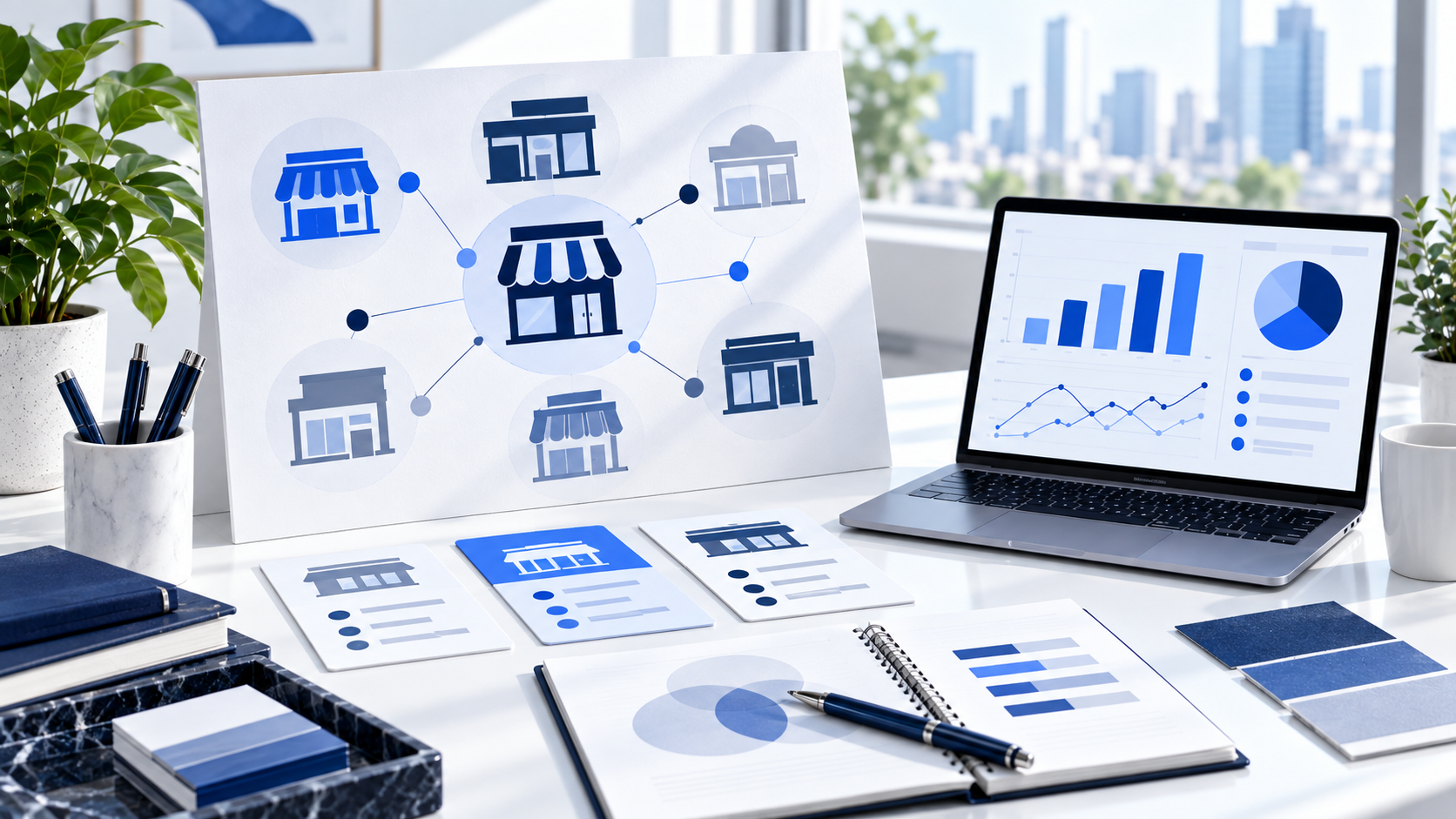 An abstract network of retail competitors and market charts.