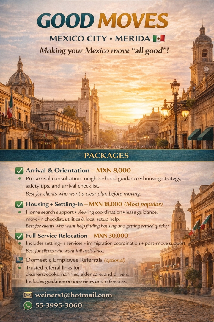 Good Moves promotional graphic for Mexico City and Merida relocation packages