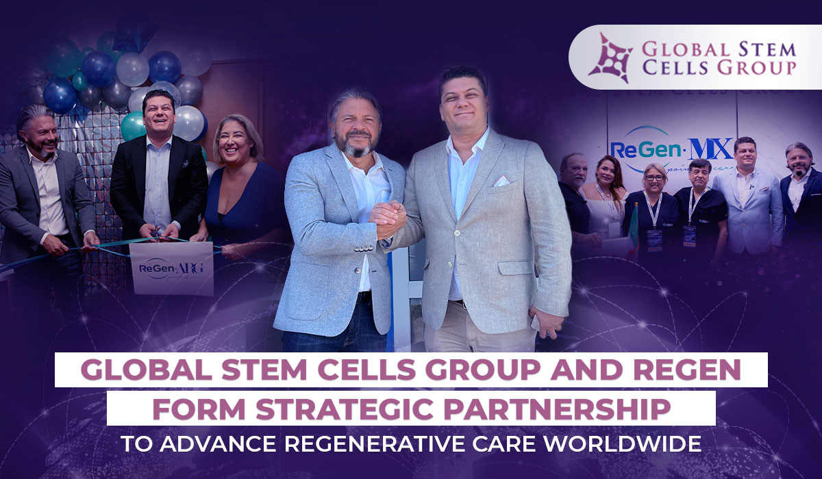 Global Stem Cells Group and ReGen partnership announcement graphic with representatives at a ceremony