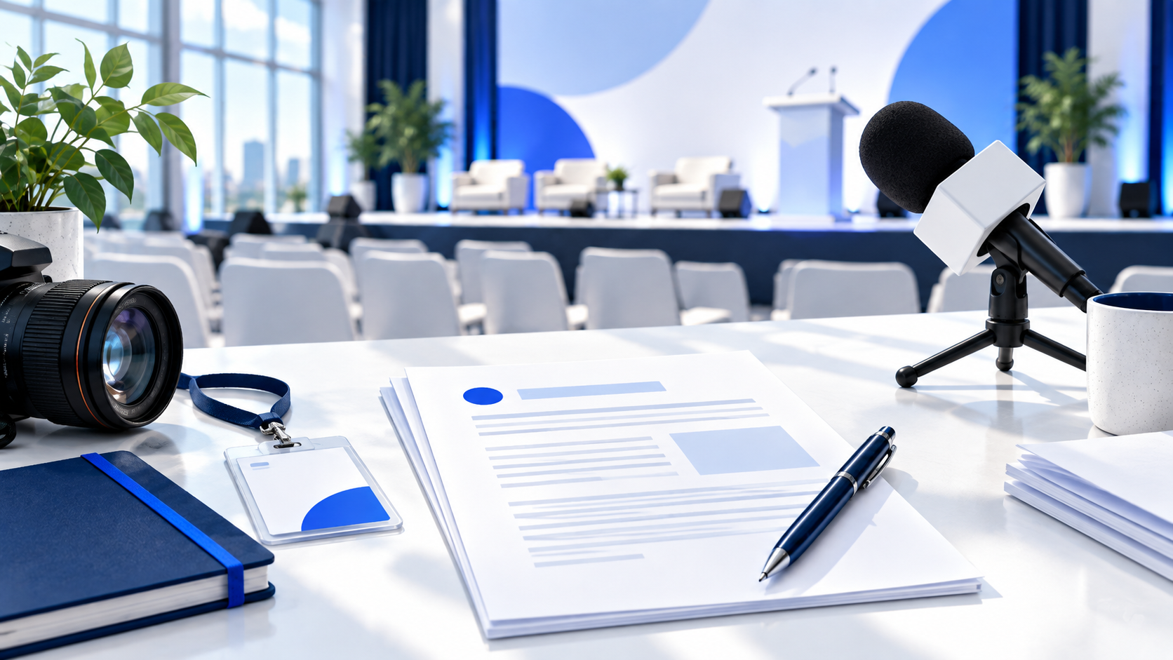 Blue conference and newsroom planning illustration
