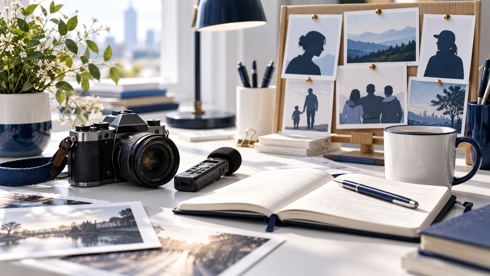 A photojournalist workspace with camera, recorder, notes, and anonymous story portraits.