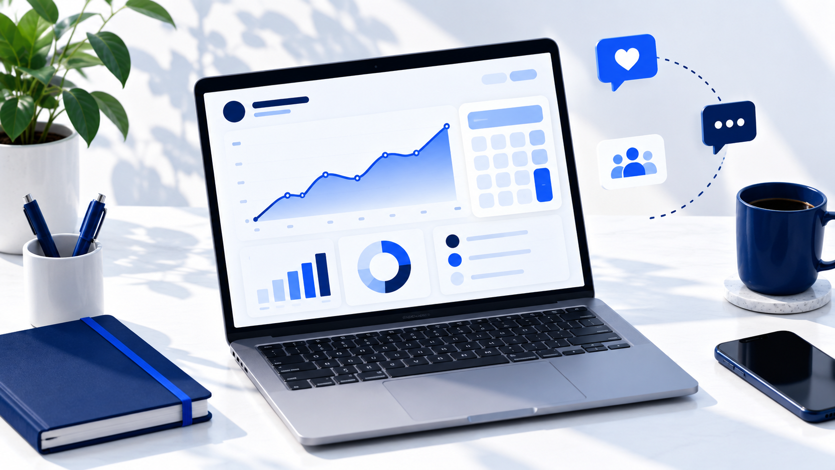 A social-media dashboard illustrated in blue and navy