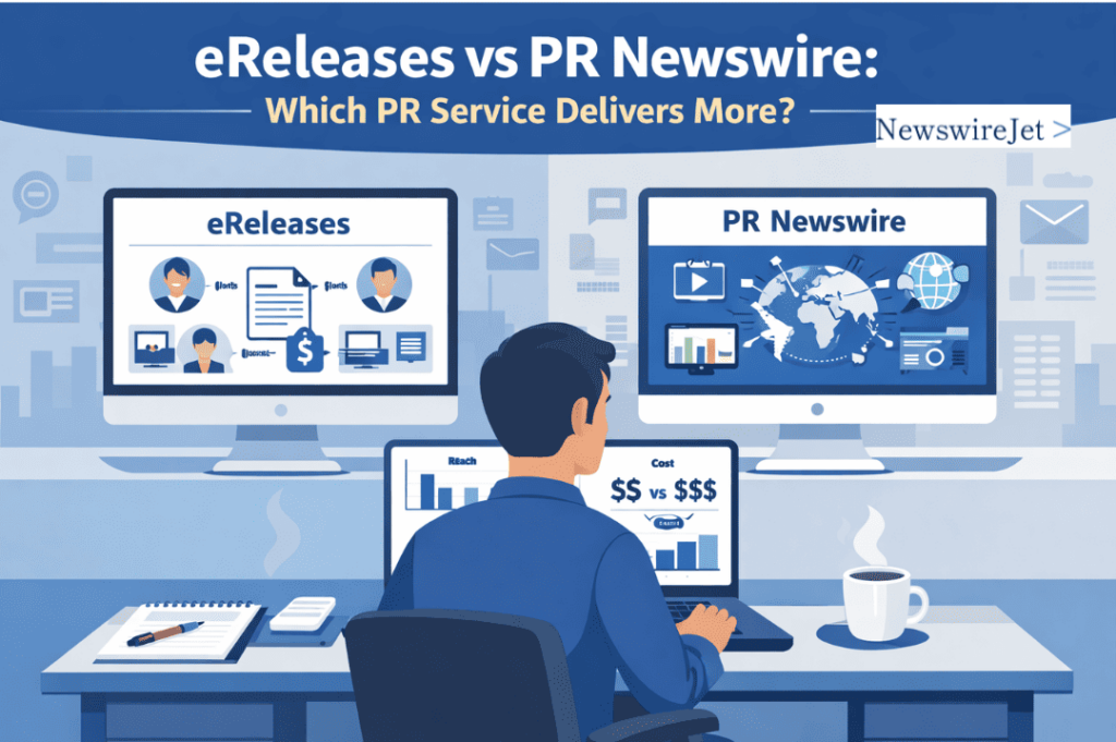 A marketer analyzing ereleases vs pr newswire side by side, comparing reach and cost on dual monitors.