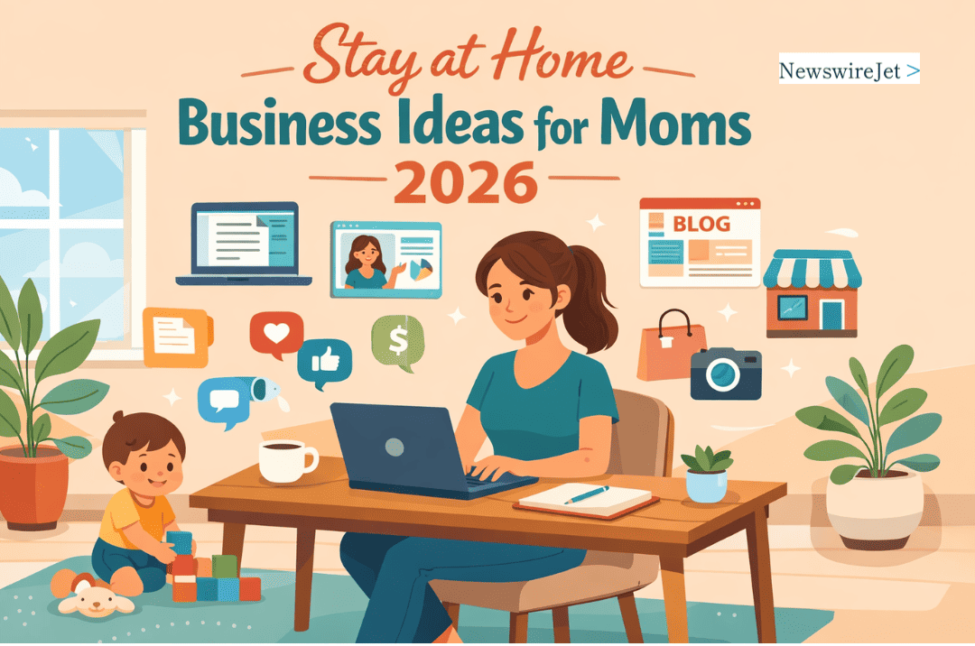 Stay at home business ideas for moms 2026 showing woman on laptop with child playing nearby