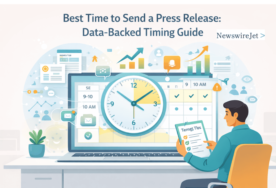 A person at a desk with a clock and calendar representing a data-backed guide on the best time to send a press release.