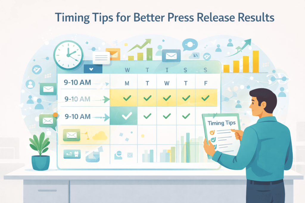 A person reviewing a weekly calendar with timing tips for the best time to send a press release for better results.