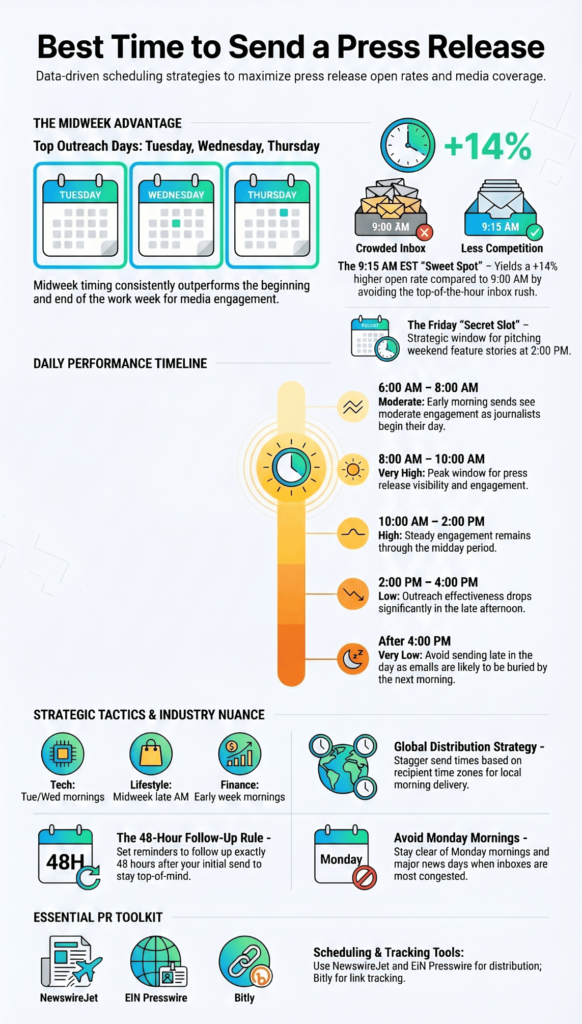 Infographic showing the best time to send a press release with daily performance timeline and strategic tactics.