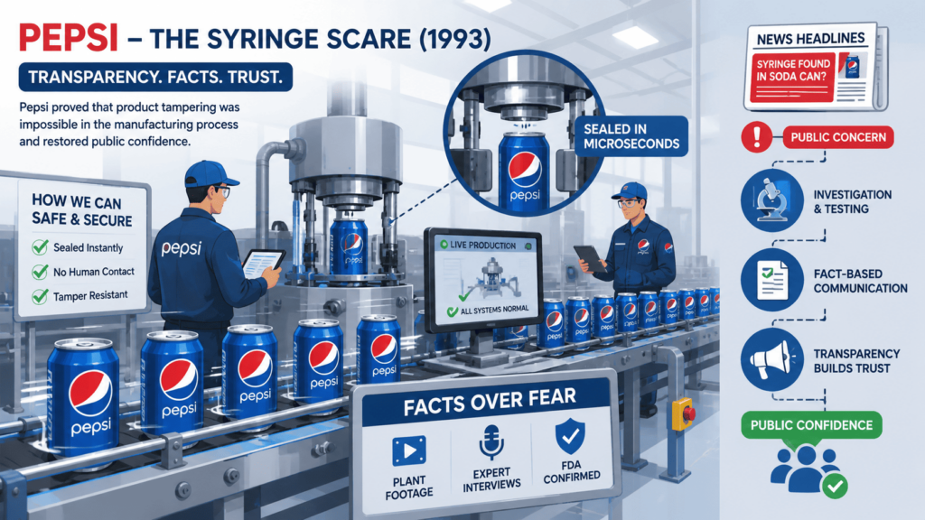 PR Crisis Management Examples in History: Pepsi syringe scare showing factory safety and transparency response.&nbsp;