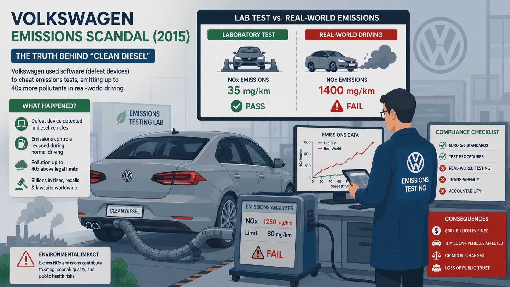 PR Crisis Management Examples in History: Volkswagen emissions scandal showing lab vs real-world NOx levels.&nbsp;