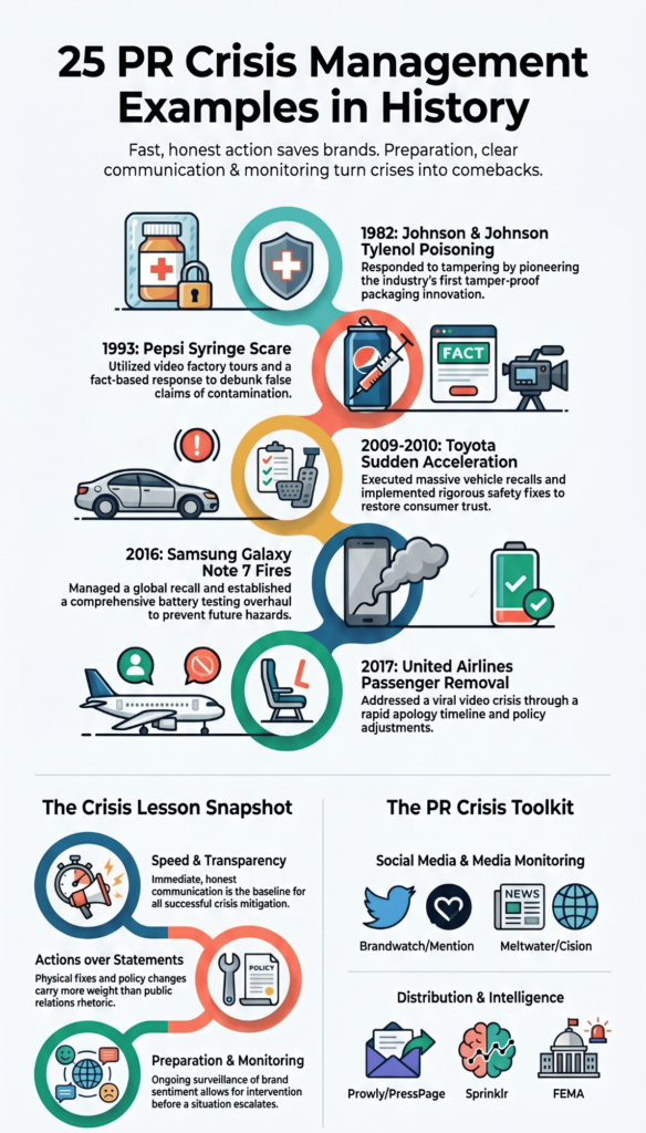 PR Crisis Management Examples in History timeline featuring J&J, Pepsi, Toyota, Samsung, and United Airlines.&nbsp;