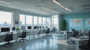 A modern open-plan office with large windows offering a city view, multiple workstations with computers, ergonomic chairs, and a teal accent wall featuring world maps.