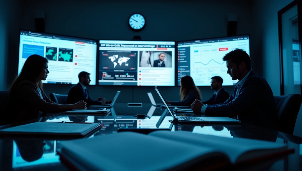 A team of business professionals gathered around a conference table, intently examining data and information displayed on multiple large screens in a dimly lit room.