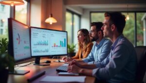 A team analyzes community feedback and engagement metrics on dual monitors, highlighting the importance of managing community reputation through data-driven insights.