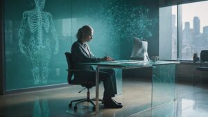 work while surrounded by holographic projections of a human skeleton and a neural network.