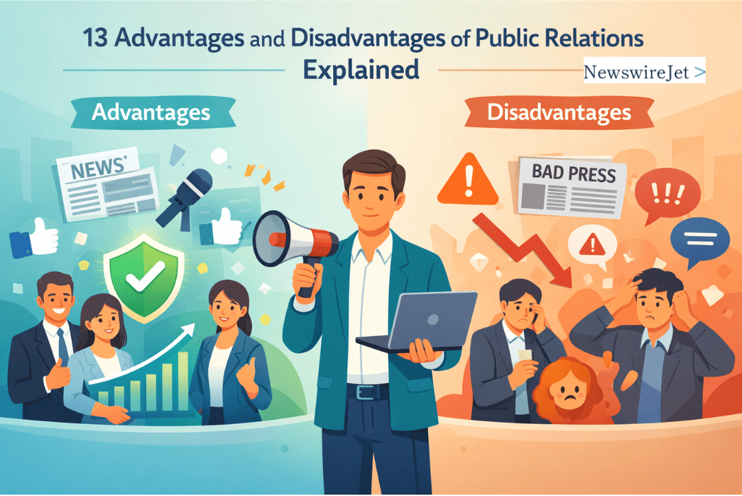 A split scene visual of advantages and disadvantages of public relations showing good press and bad press outcomes.