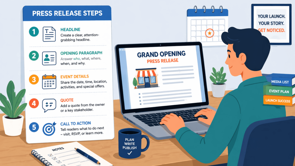 Step-by-step press release steps showing how to write a grand opening press release from scratch.