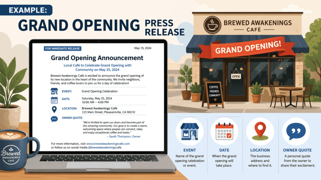 An example of how to write a grand opening press release for a local café with event details.