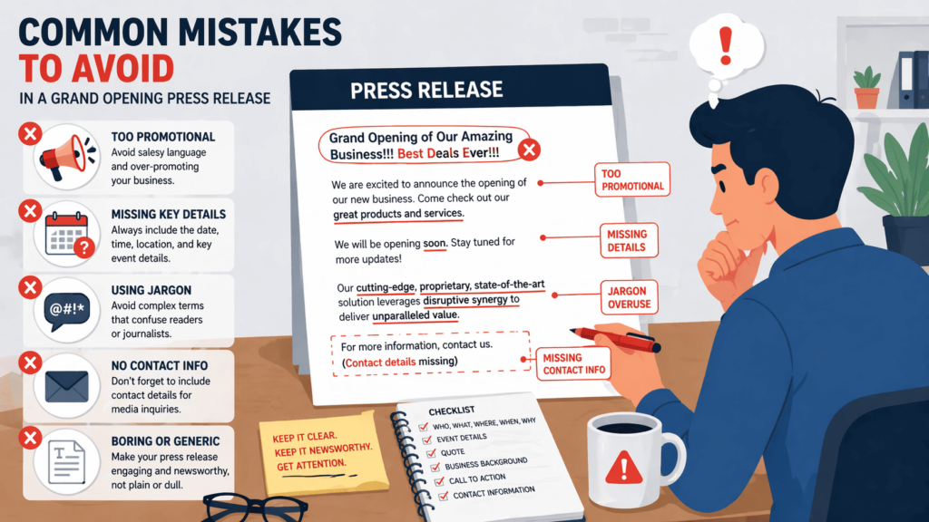 Common mistakes to avoid when learning how to write a grand opening press release effectively.