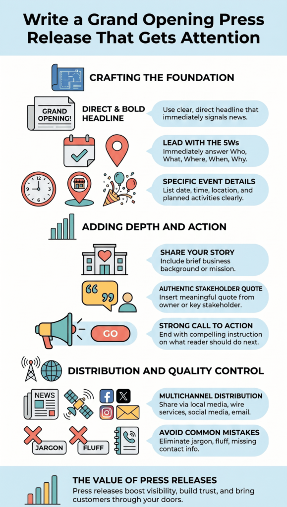 A visual guide on how to write a grand opening press release, showing key sections and tips.