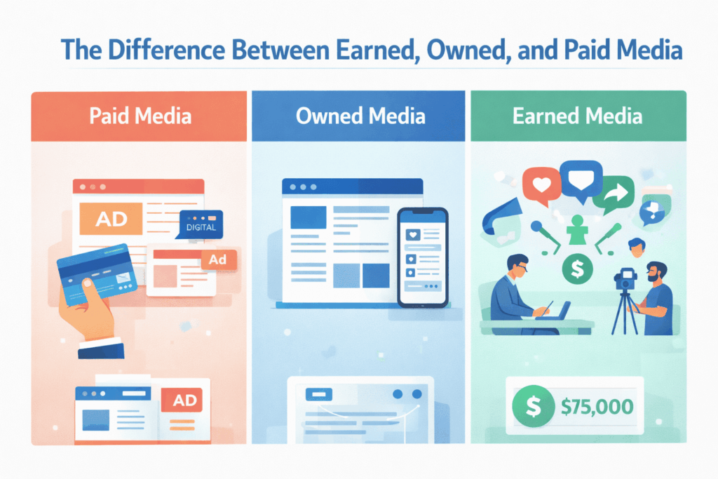Diagram showing paid, owned, and earned media differences to support calculating earned media value for marketing ROI.