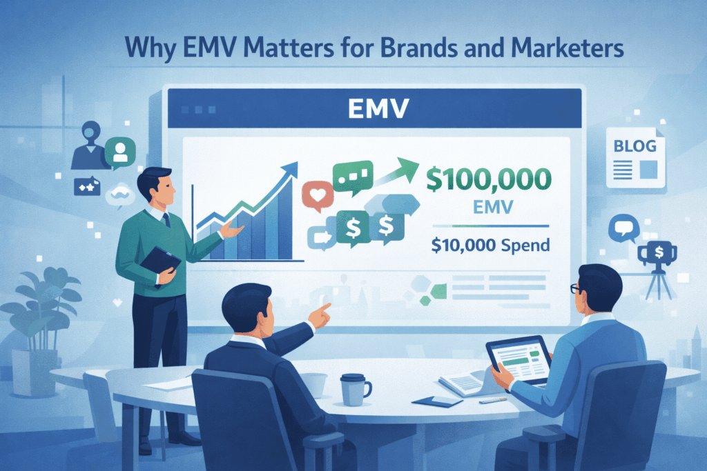 Marketers presenting data on why calculating earned media value matters, showing EMV versus campaign spend comparison.