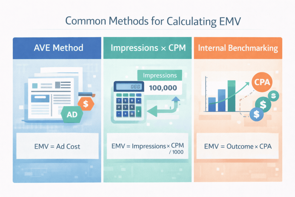 Three common methods for calculating earned media value: AVE method, impressions times CPM, and internal benchmarking.