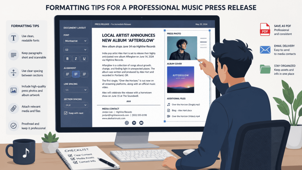 Formatting tips for how to write a music press release shown on a computer screen with layout and font settings.