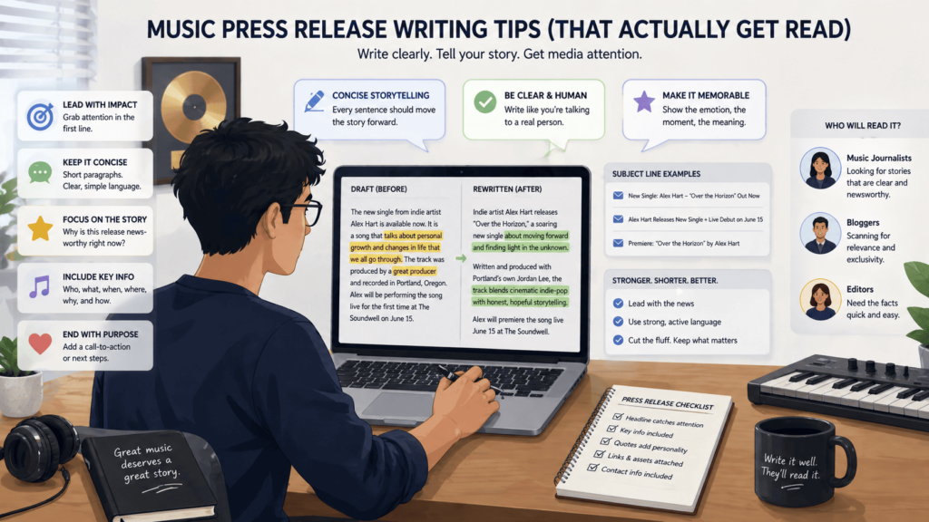 Writing tips on how to write a music press release that gets read, featuring a before-and-after draft comparison.