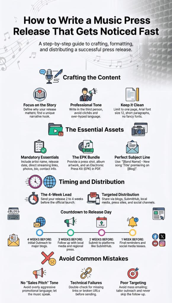 Step-by-step guide on how to write a music press release covering content, timing, assets, and common mistakes.