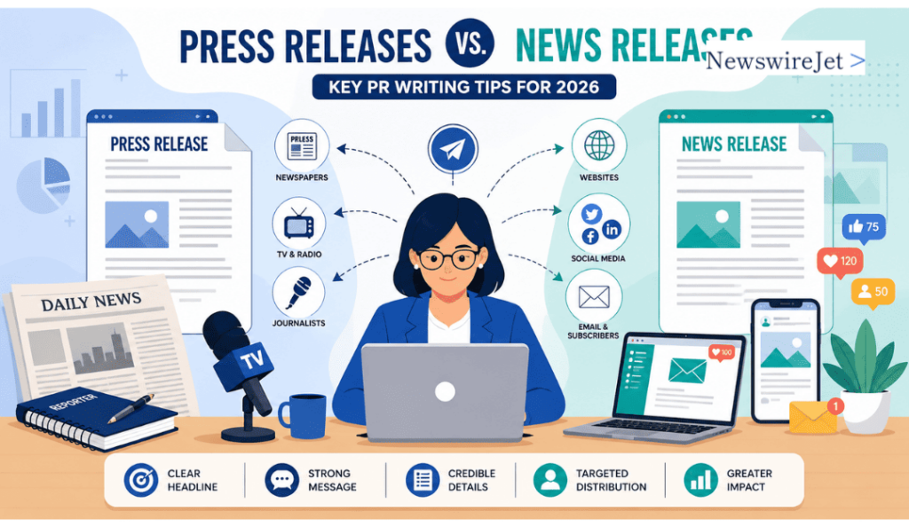 Press Releases vs News Releases key PR writing tips for 2026 showing traditional and digital distribution channels.