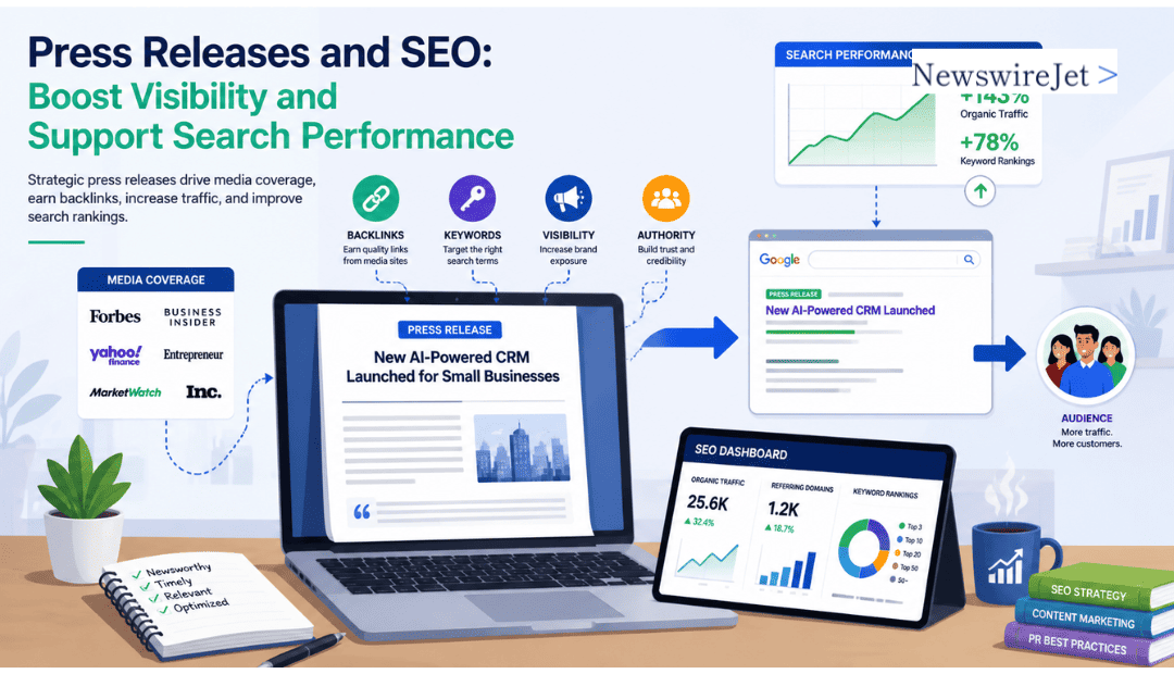 Diagram illustrating how Press Releases and SEO work together to boost visibility, backlinks, and organic search performance.