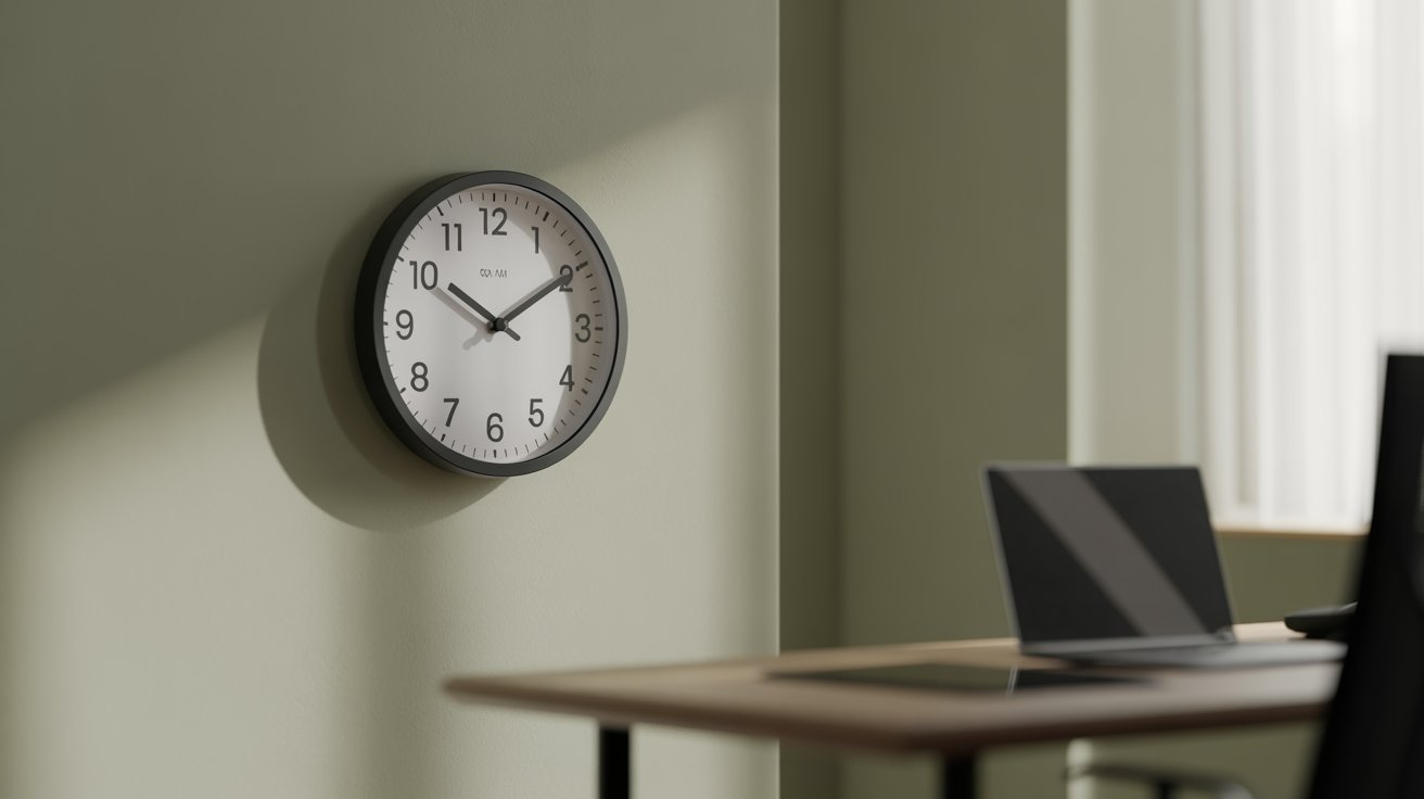 Time and technology - a wall clock and laptop in a room
