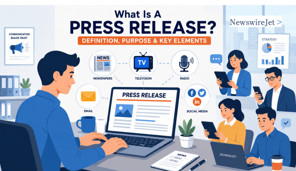visual guide showing what is a press release and how it reaches audiences through TV, radio, email, and social media channels.