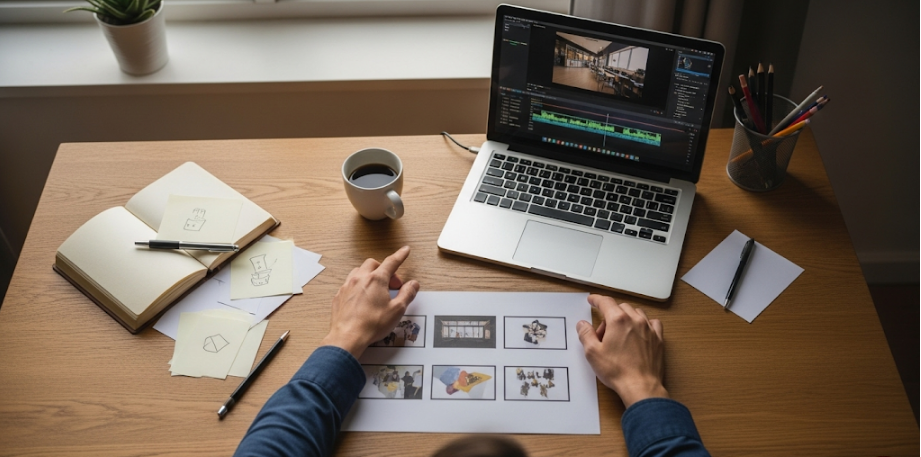 Hands reviewing visual layouts at a desk with a laptop and coffee, illustrating best practices for using visuals in PR.