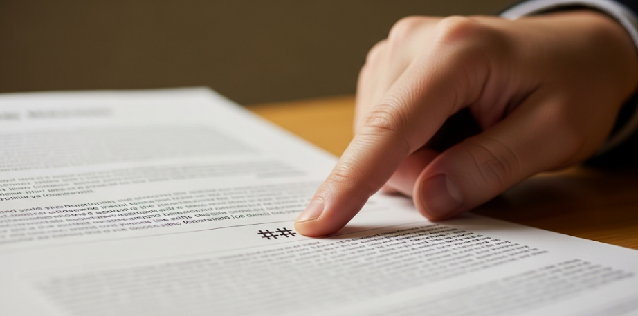 Close-up of a hand pointing to end marks on a press release, illustrating the meaning and use of end marks in press releases