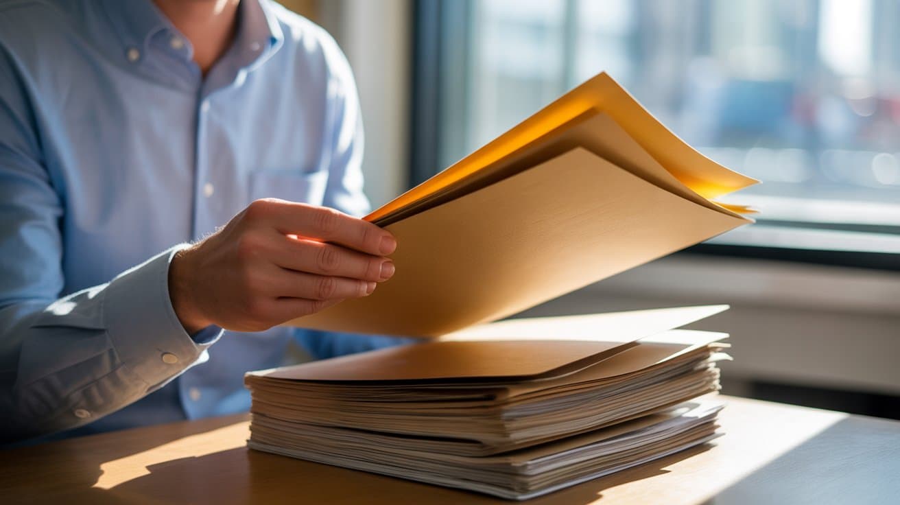 Person reviewing organized folders on a desk, showing preparation for What Makes a Press Conference Successful.