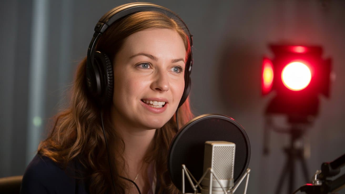 Staff member in studio headset practicing Training Staff for Media Inquiries with red recording light glowing behind