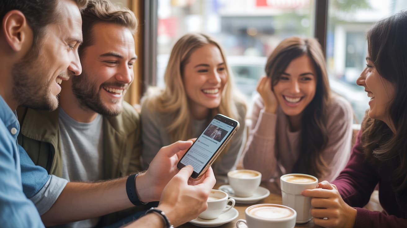Group of friends laughing over coffee while sharing a phone, showing Examples of Positive Publicity in action.