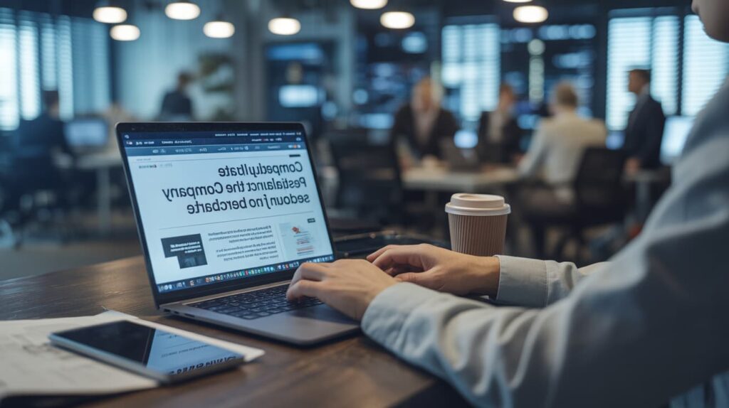 The image shows a person working intently on a laptop in a busy coffee shop environment. The setting suggests a productive and focused work session in a comfortable, casual setting.