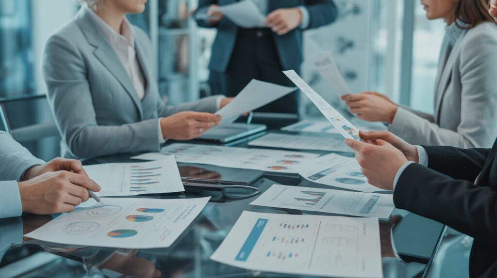 This image depicts a business meeting where professionals are collaborating and discussing data on various documents and screens. The setting suggests a professional and collaborative work environment.