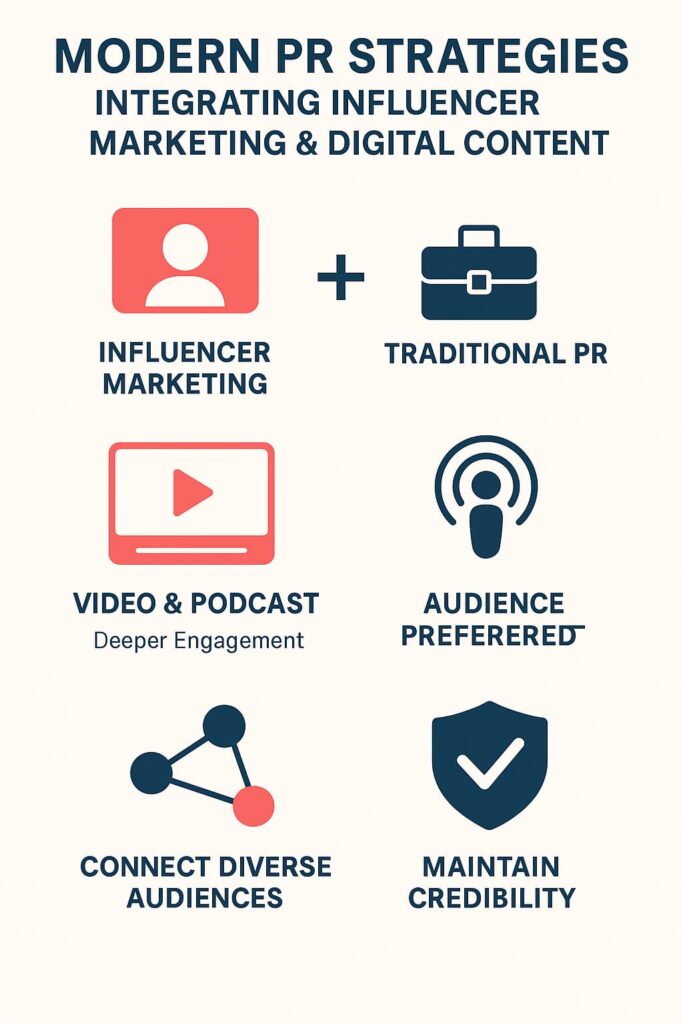 This infographic showcases strategies for modern public relations, emphasizing the integration of influencer marketing and digital content. It highlights key elements such as video, podcasts, audience engagement, and maintaining credibility.