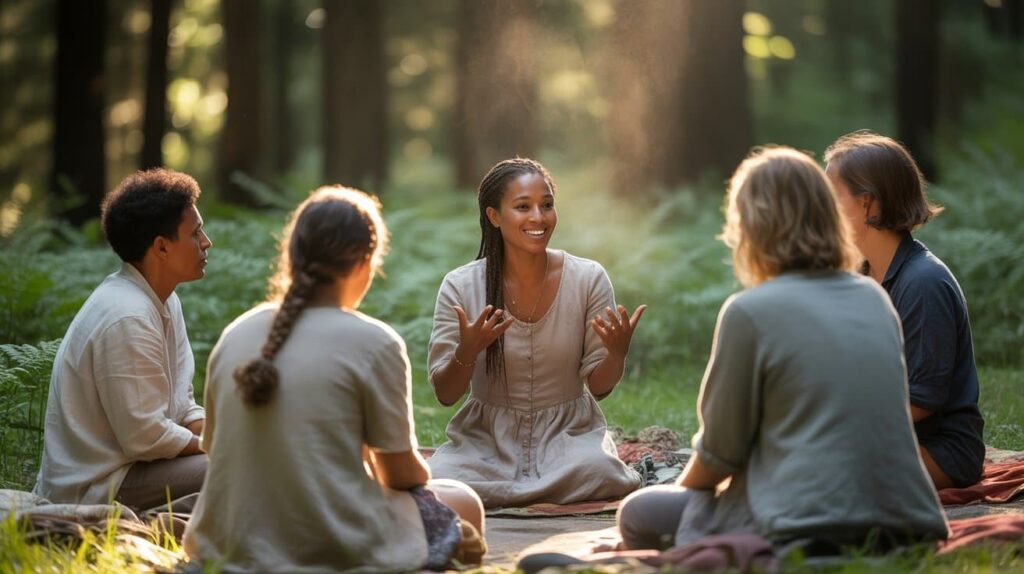 Group discussion in nature reflecting human connection in Non-Profit & Financial PR Specializations.