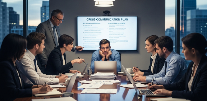 A team discusses a crisis communication plan, focusing on strategies relevant to entertainment and celebrity PR.