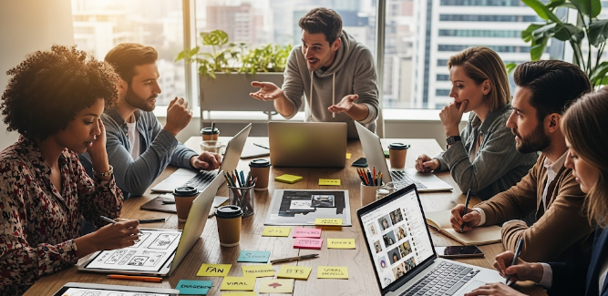A team brainstorms ideas, emphasizing strategies for entertainment and celebrity PR in a collaborative meeting.