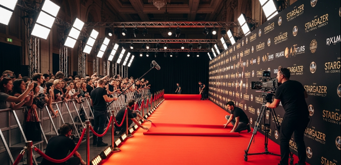 A red carpet event setup, showcasing the importance of entertainment and celebrity PR in creating a glamorous atmosphere.