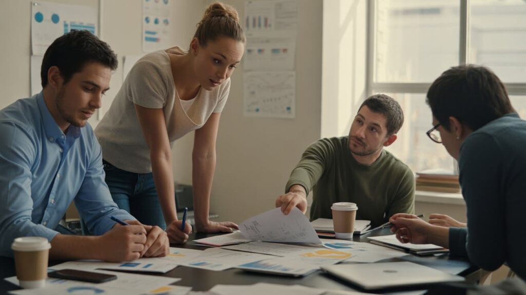 A PR team in discussion with charts on the table, showing the need for & hiring niche PR agencies/consultants.