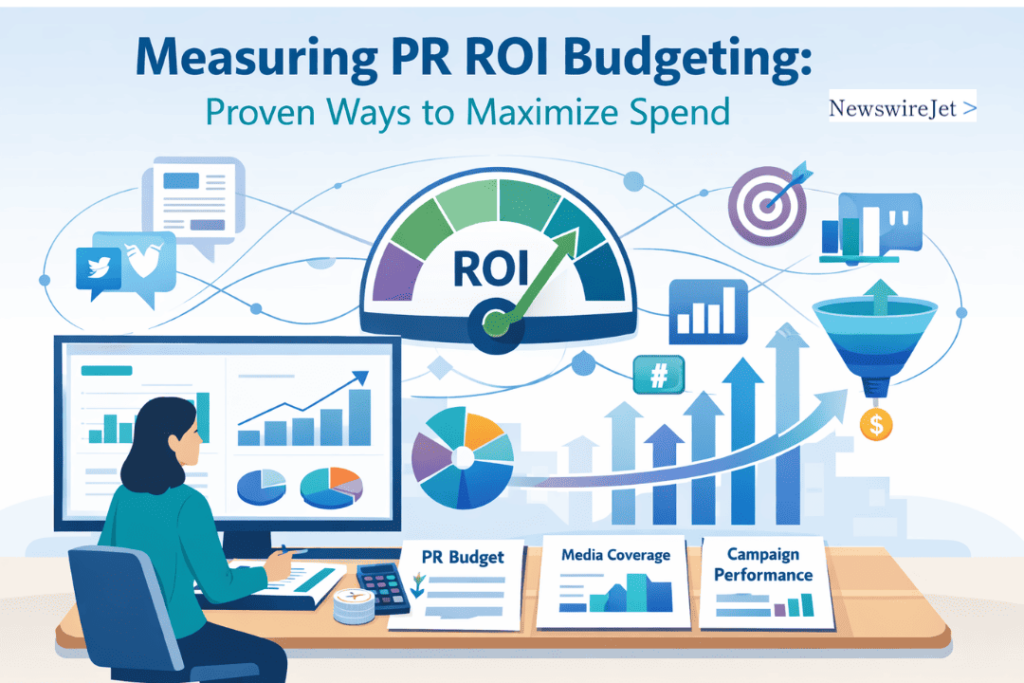 Woman at desk reviewing measuring PR ROI budgeting reports covering PR budget, media coverage, and campaign performance data.