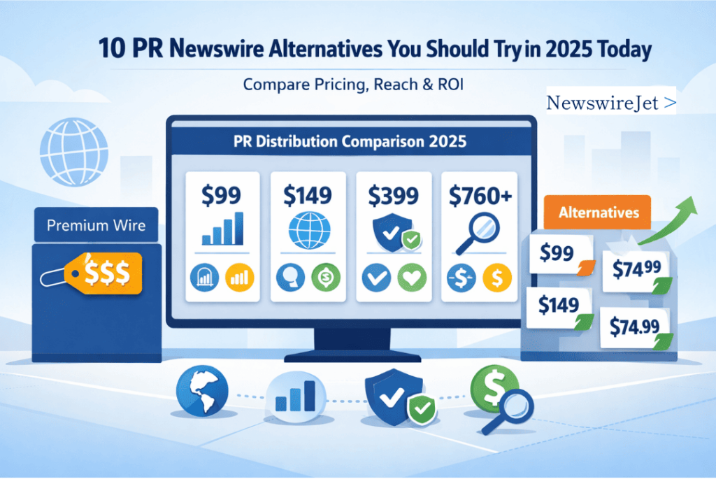 Visual overview of pr newswire alternatives 2 showing distribution pricing from $99 to $760+ across multiple platforms.