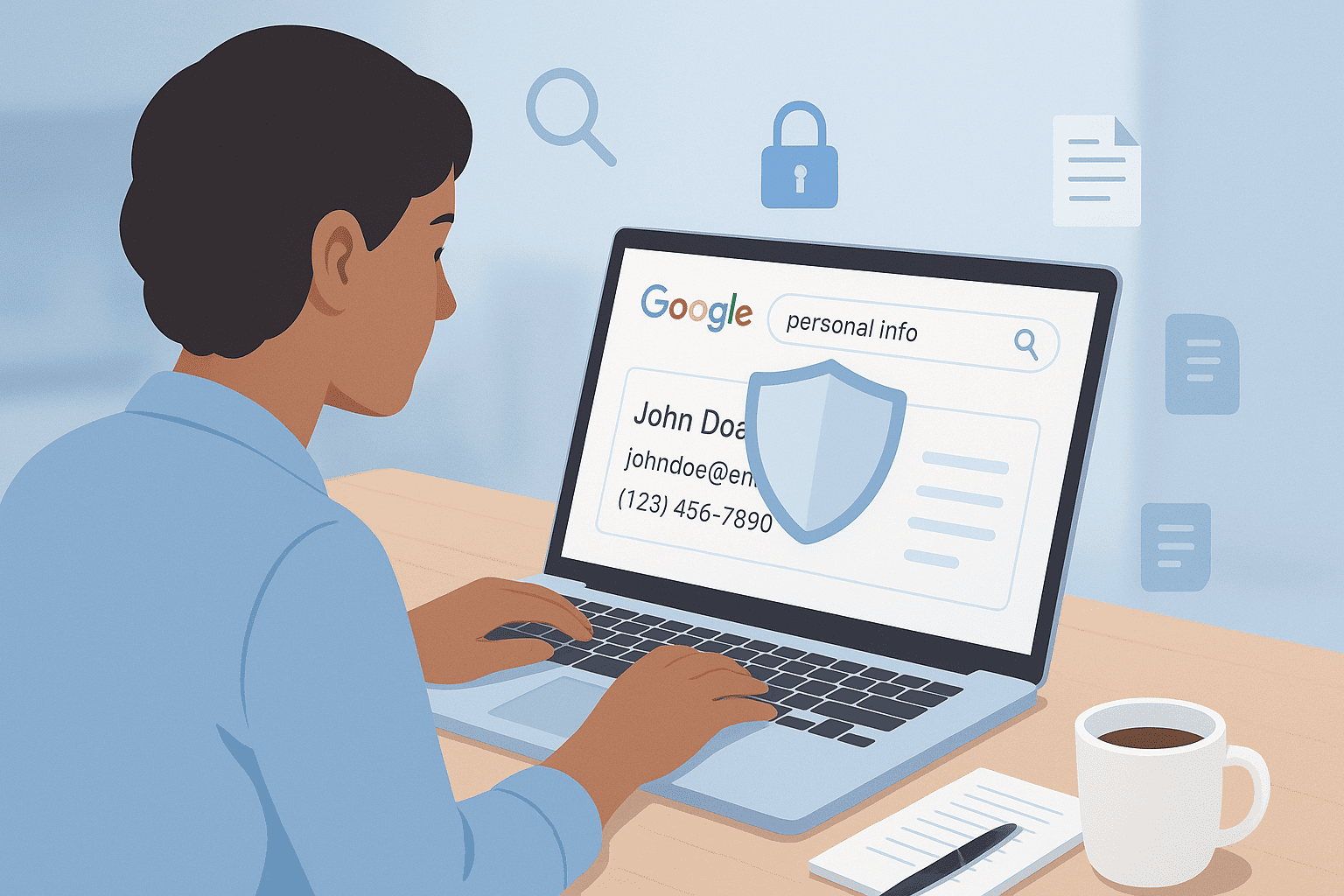 Person searching "personal info" on Google to find and remove their name, email, and phone number from search results securely.